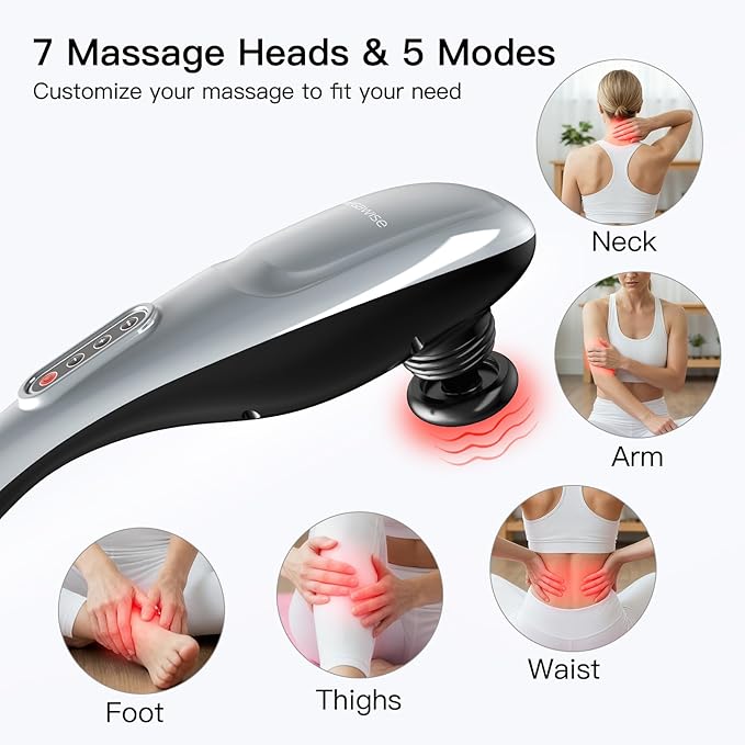 MEGAWISE Handheld Back Massager | Deep Tissue Percussion Massage for Back, Neck, Shoulders, Waist and Legs (Cordless Silver)