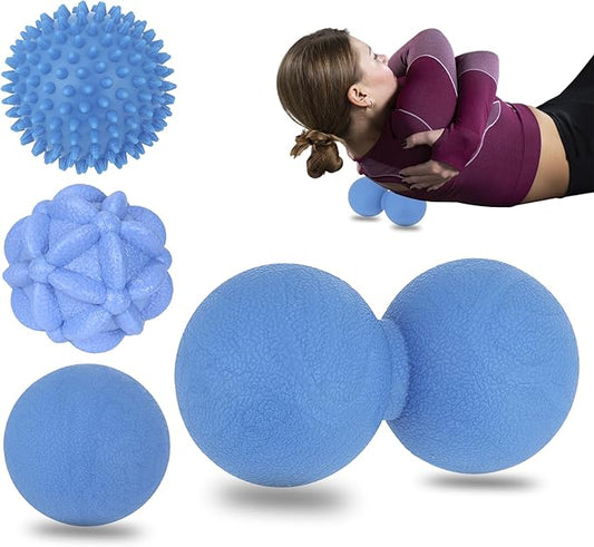 Massage Ball Set for Trigger Point Release - Peanut, Spiky & Lacrosse Balls - Deep Tissue Massage Therapy - Set of 4 (Blue)