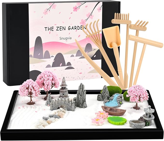 Zen Garden Kit for Desk 12x8in Premium Sand Tray Therapy Kit, Japanese Mini Zen Sand Garden Gift Set, 20 Accessories, Stress Relief Gifts, Meditation Home Office Desk Decor