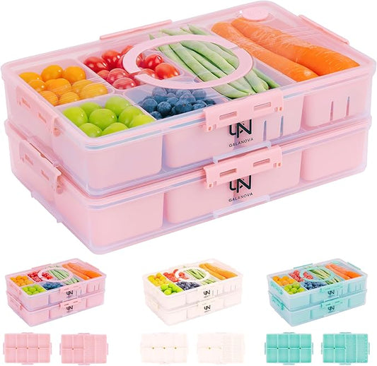Stackable Snackle Box Container with 2 Lids - BPA-Free Snackle box Organizer, Dishwasher & Microwave Safe Reusable Snacklebox for Veggies, Fruits, Charcuterie, Snacks (Pink, 2 Pack)