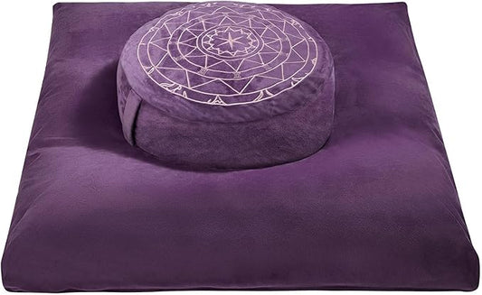 Zafu & Zabuton Meditation Cushion Set - Buckwheat Hull & Memory Foam Pillows, Ergonomic Support for Yoga, Mindfulness - Organic Velvet Cover, Large Size, Durable Comfort (Purple)