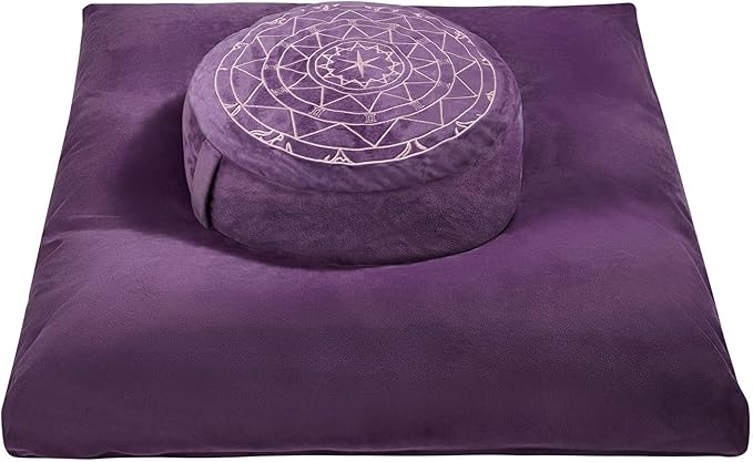 Zafu & Zabuton Meditation Cushion Set - Buckwheat Hull & Memory Foam Pillows, Ergonomic Support for Yoga, Mindfulness - Organic Velvet Cover, Large Size, Durable Comfort (Purple)