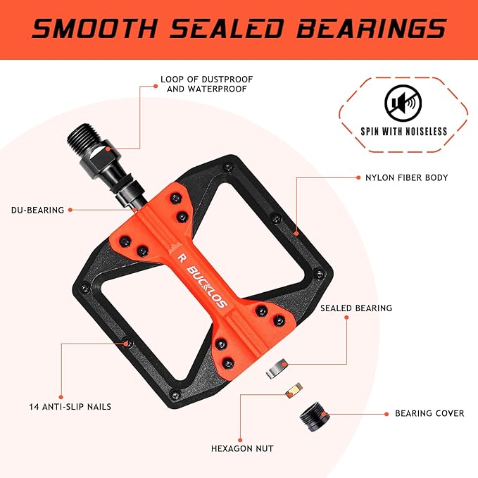 BUCKLOS MTB Flat Pedals Mountain Bike Pedals, 3 Bearings CNC Adult Road Bike Pedals, Bicycle Platform Aluminum Alloy Non-Slip Pedal for Gravel Bike/BMX 9/16"(Black)