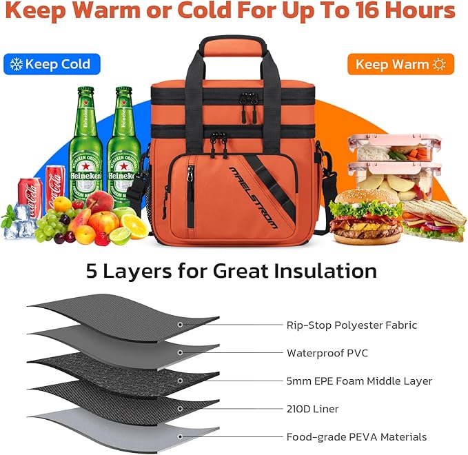 Maelstrom Lunch Box, 20L Insulated Lunch Bag for Men Women, Expandable Double Deck Leakproof Cooler Bag with 6 Pockets, Reusable Lunch Tote Bag for Work, Picnic, Travel, Orange