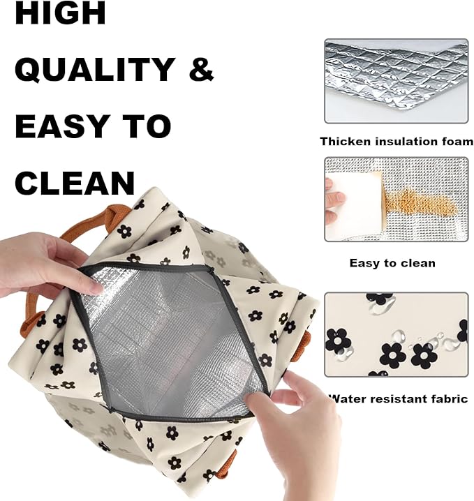 Joymee Lunch Bag Women Insulated Lunch Box Reusable Leakproof Large Spacious Cooler Tote for Women Men Adult with Bottle Holder and Side Pockets for Work Office Travel Picnic - Black Little Floral