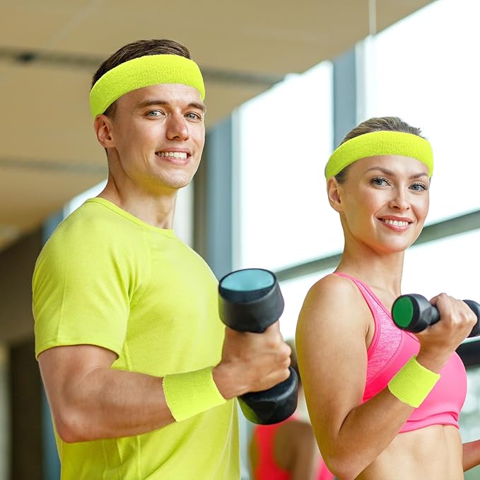 24 Pieces 80s Neon Sweatbands Set, Include 8 Sports Headbands and 16 Sweat Wristbands Elastic Athletic Tennis Sweat Bands Bulk for Man Woman