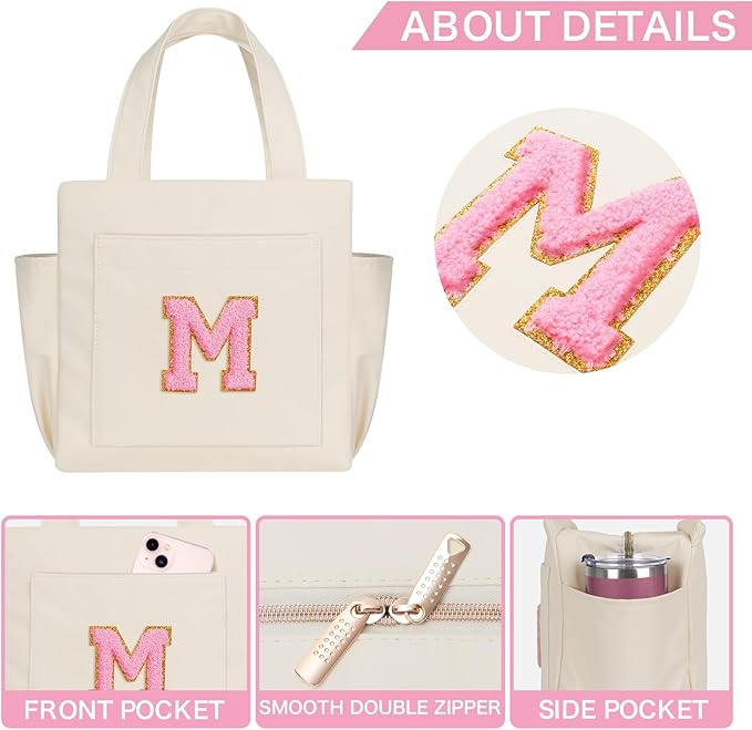 Joymee Leather Lunch Box Lunch Bag for Women Adult Insulated Reusable Leakproof Large Spacious Lunch Cooler Lunch Tote Bag with Bottle Holder and Side Pockets for Work Picnic Beach (Letter M)