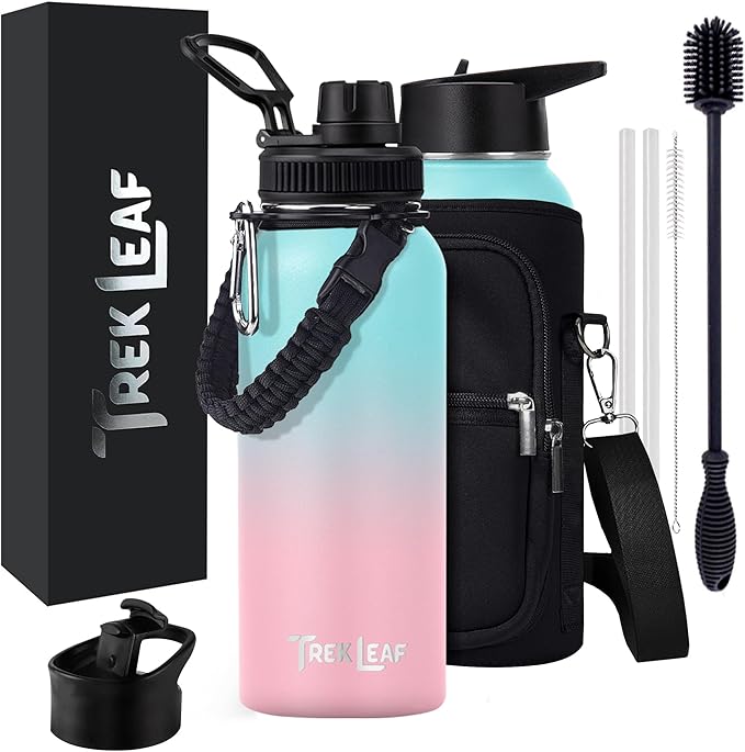 Travel Water Bottle with Carrying Bag, 3 Lids (Spout, Straw, Flip), and Bottle Brush; Leak Proof, Quality, Vacuum Insulated, Stainless Steel (Hydrangea, 32 oz)