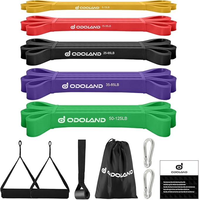 Odoland 5 Packs Pull Up Assist Bands, Pull Up Straps, Resistance Bands with Door Anchor and Handles, Stretch Mobility, Powerlifting and Extra Durable Exercise Bands with eGuide