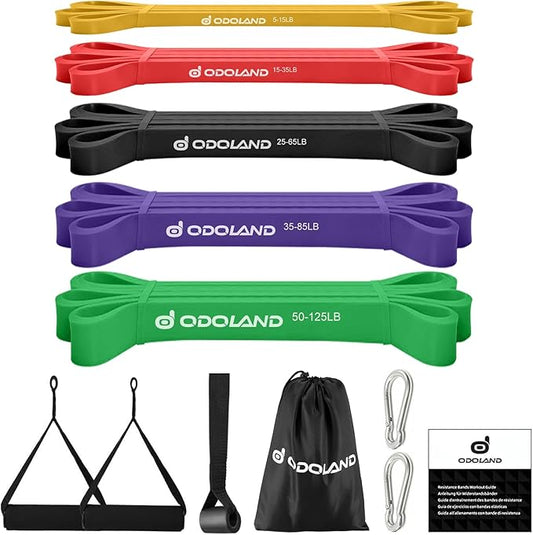 Odoland 5 Packs Pull Up Assist Bands, Pull Up Straps, Resistance Bands with Door Anchor and Handles, Stretch Mobility, Powerlifting and Extra Durable Exercise Bands with eGuide