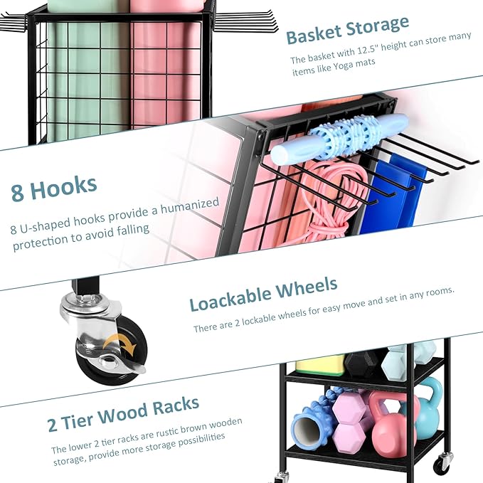 Weight Rack for Home Gym Dumbbells Yoga Mat Storage Rack Cart Small Metal Wood Home Gym Workout Equipment Storage with Hooks for Yoga Block Foam Rollers Resistance Bands