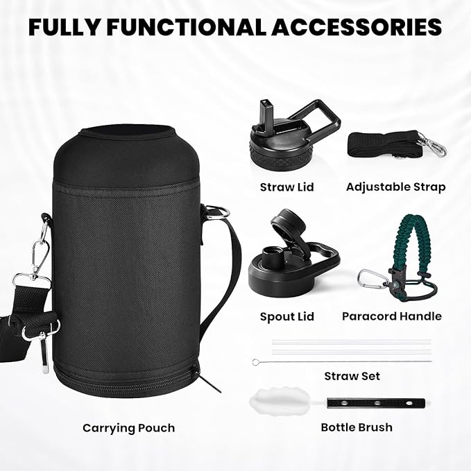 Insulated Water Bottle 64 oz, Triple Wall Vacuum Stainless Steel (Cold for 48 Hrs), Leak Proof & Non-BPA, Half Gallon Water Flask Jug with Paracord Handle & Straw Spout Lids, Dark Green