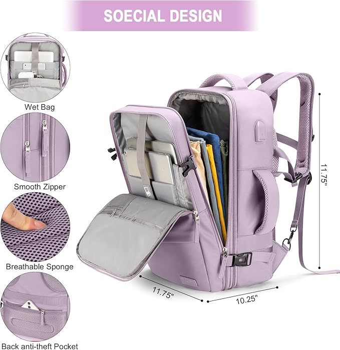 Carry-On Backpack, 42L Airline Approved Gym Backpack for Men & Women, Waterproof, Business & Laptop Daypack, Casual Hiking Pack