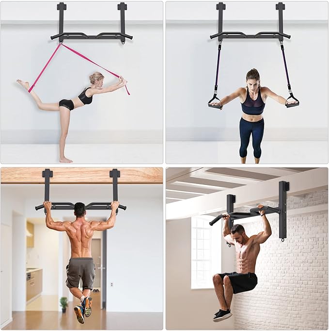 Kipika 32" Ceiling Mounted Pull Up Bar - Heavy Duty, Highly Adjustable, Multifunctional Chin Up Bar - Home Gym System with Punching Bag Hanger and Resistance Bands Training