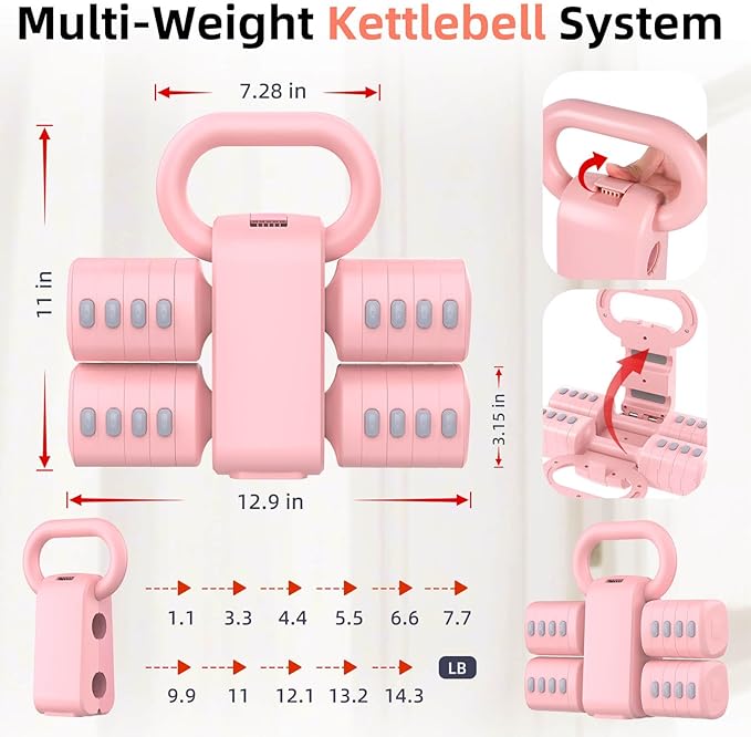 2-in-1 Adjustable Dumbbell Set, Upgraded 5 Levels Heavier Hand Weights for Women Men, Each 2.2/3.3/4.4/5.5/6.6lb, Convertible Weights Dumbbells and Kettlebell Set for Home Gym Exercise & Fitness