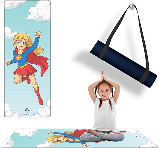 Premium Kids Yoga Mats/Exercise Mats/Play Mats with Carrying Strap – 60"x24" Non-Slip Mats with Fun Prints for Children – 3mm Thick, Dolphins, Car, and Supergirl Designs – SGS & CE Certified, PVC-Free