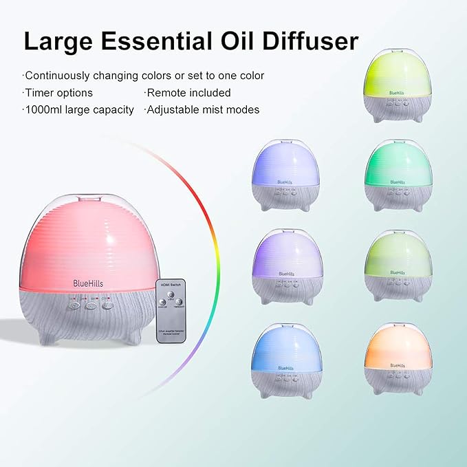 BlueHills Premium 1000 ML Large XL Essential Oil Diffuser with Remote Aroma Humidifier for Large Room Home Long Run Time Huge Coverage Area Lights High Mist Output Big Capacity White Wood Grain N1