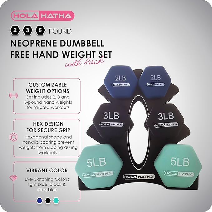 HolaHatha 2, 3, 5, 8, and 10 Pound Neoprene Dumbbell Free Hand Weight Set with Rack, Ideal for Home Exercises to Gain Tone and Definition, Pastel
