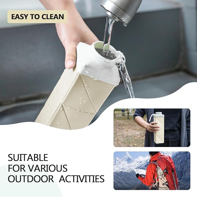 24oz Collapsible Water Bottles–Food-Grade,BPA-Free,Leakproof,Lightweight,Foldable Design Perfect For Travel,Hiking,Camping,Gym,Sports Bottle,Reusable Compact,Ideal Hydration Companion Beige