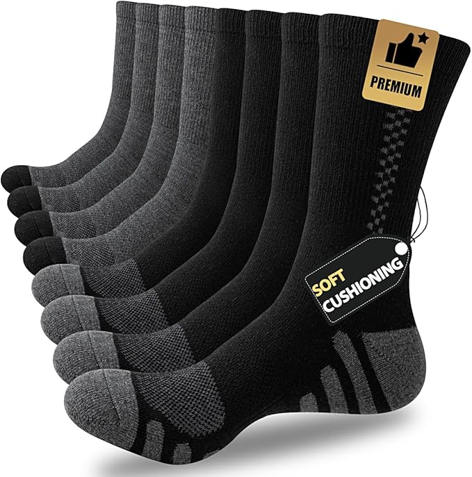 JOYNÉE 8 Pairs Mens Crew Athletic Work Long Socks Calf Cushioned Socks for Sports Running Workout Gym