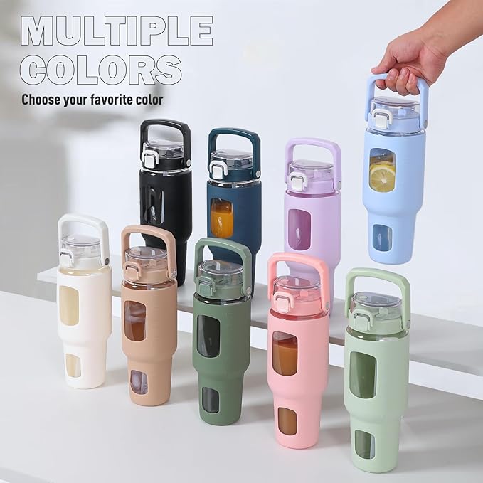 BLUEGO 40oz Glass Tumbler with Lid and Straw, Glass Water Bottles with Handle, Glass Cup with Time Marker and Silicone Sleeve, Fits Most Cup Holder, Leak-proof, Amber