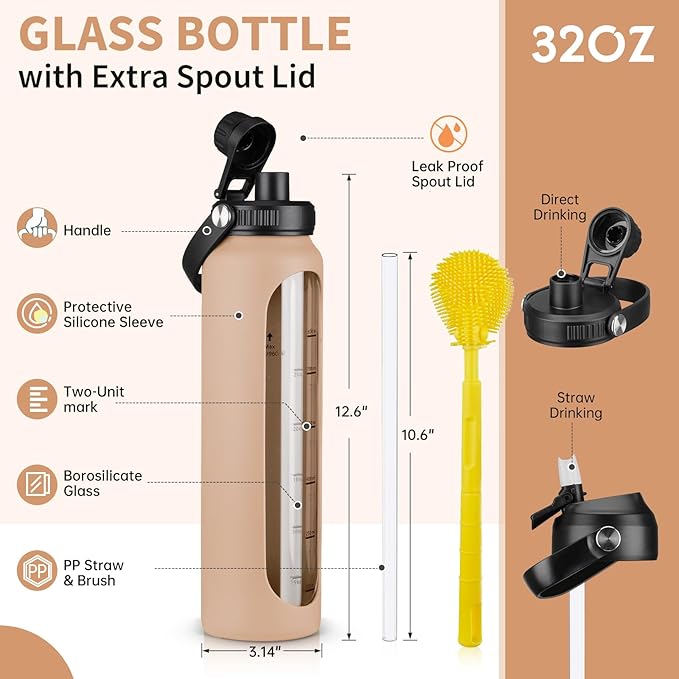 32 oz Glass Water Bottles with 2 Lids-Handle Spout Lid & Straw Lid 1 Liter Motivational Borosilicate Water Bottle with Silicone Sleeve and Time Marker,Leakproof