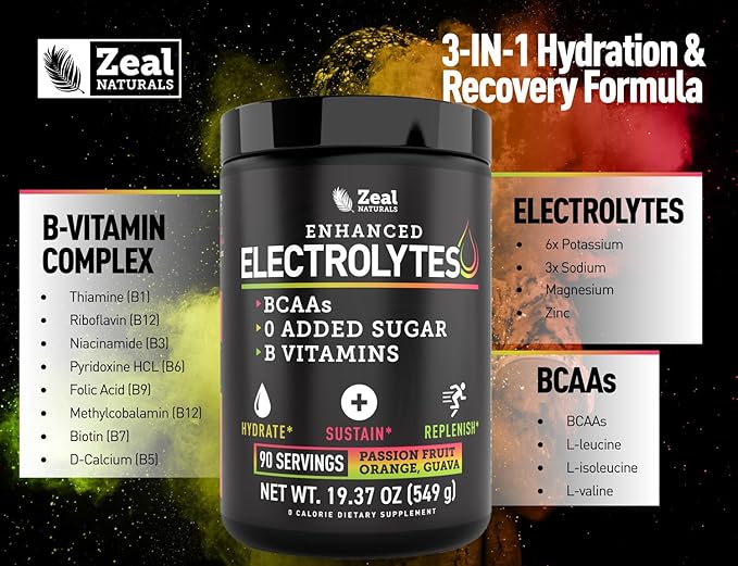 Enhanced Electrolyte Powder (Passion Fruit Orange Guava | 90ct.) w/ 0 Sugar +BCAAs +B-Vitamins Electrolyte Supplement w Potassium Zinc & Magnesium for Hydration - Keto Electrolytes