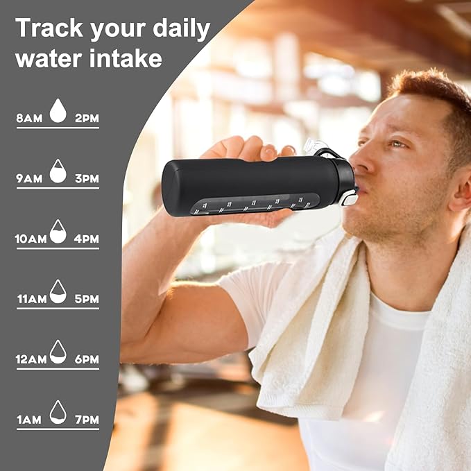 24 oz Glass Water Bottles with 2 Lids-Handle Spout Lid & Straw Lid, Motivational Water Bottle with Time Marker and Silicone Sleeve,Leakproof-Black-1 Pack