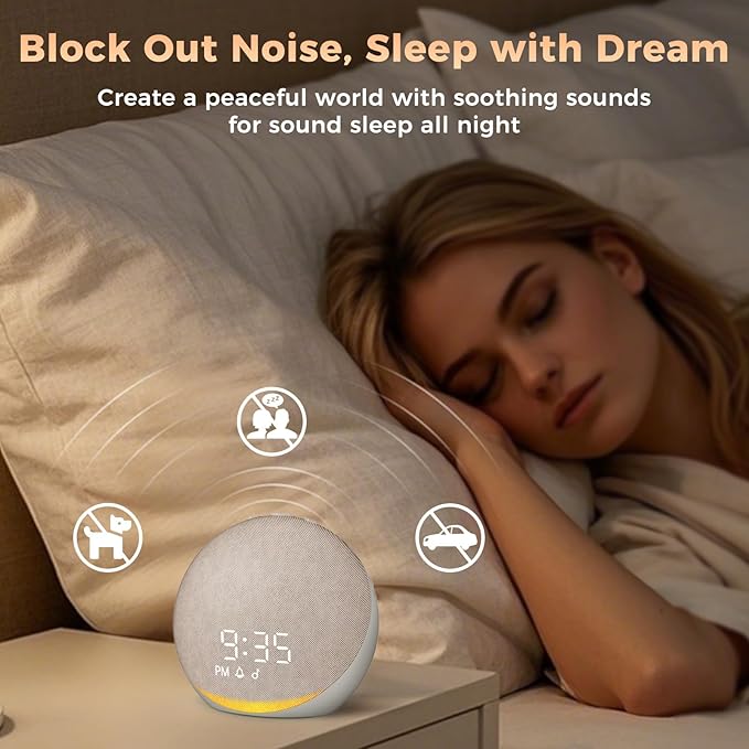 Sound Machine Alarm Clock for Bedroom: 25 Natural Sleep Sounds - White Noise Machine for Adults Kids Baby - Gentle Wake Up Alarm with Bluetooth Speaker - Putty