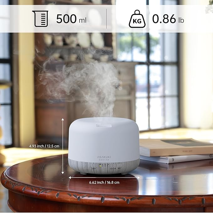 ASAKUKI 500ml Premium Essential Oil Diffuser with Remote Control, 5 in 1 Ultrasonic Aromatherapy Fragrant Oil Humidifier Vaporizer, Timer and Auto-Off Switch (White)