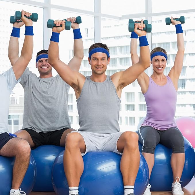 24 Pieces 80s Neon Sweatbands Set, Include 8 Sports Headbands and 16 Sweat Wristbands Elastic Athletic Tennis Sweat Bands Bulk for Man Woman