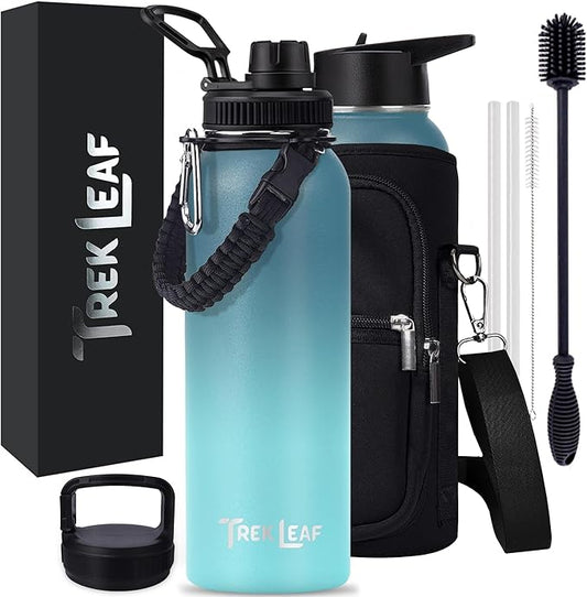 Travel Water Bottle with Carrying Bag, 3 Lids (Spout, Straw, Handle), and Bottle Brush; Leak Proof, Quality, Vacuum Insulated, Stainless Steel (Storm Cloud, 40 oz)