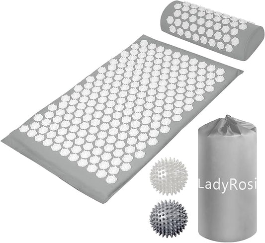 LadyRosian Acupressure Mat and Pillow Set with Oxford Bag, for Neck Back Pain, Muscle Relaxation Stress Relief, Relieve Sciatica and Pain Relief Set (Grey)