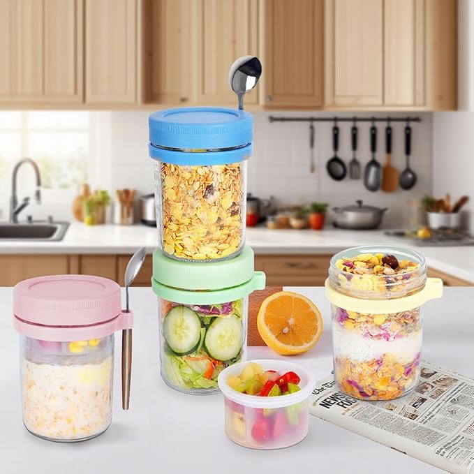 6 Pack Overnight Oats Containers with Lids, Spoons, Divided Compartments - 16 oz Glass Wide Mouth Mason jars, BPA-free, Leak Proof - Meal Prep Jars for Yogurt Parfait, Chia Pudding, Oatmeal