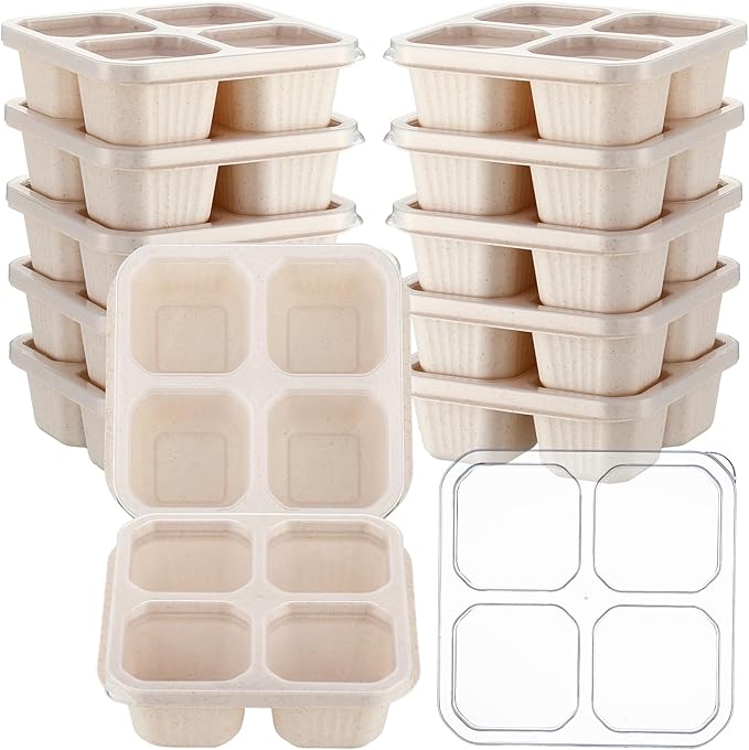 12 Pcs 4 Divided Compartments Snack Containers Bento Wheat Straw Snack Box with Lid Reusable Meal Prep Lunch Box Food Storage Containers for Adults Travel Work(Beige)