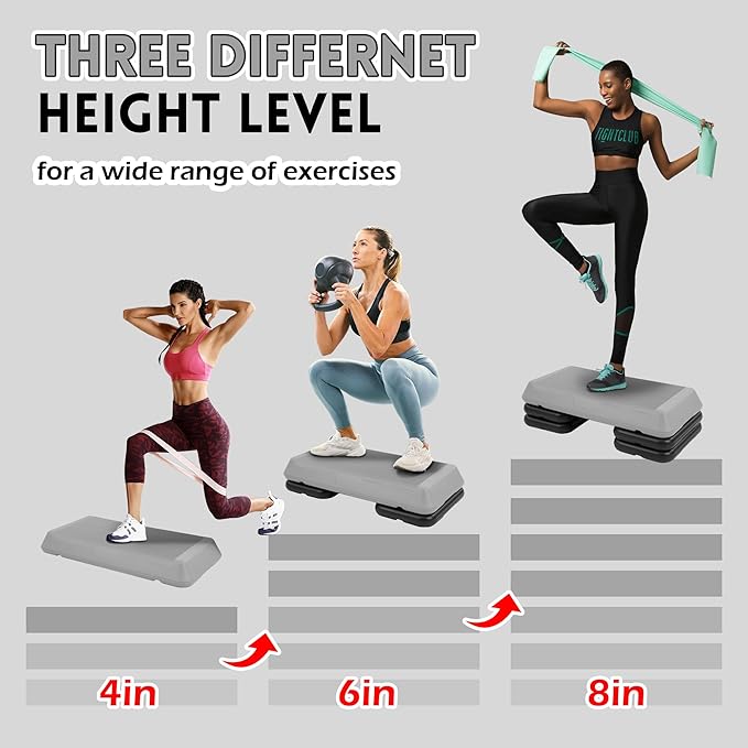 Fitvids Step Aerobic Platform, Exercise Step with 5 levels Adjustable Height, 4 Stackable Risers, Fitness Training Workout Stepper for Home Gym, Cardio Strength, Multiple Options