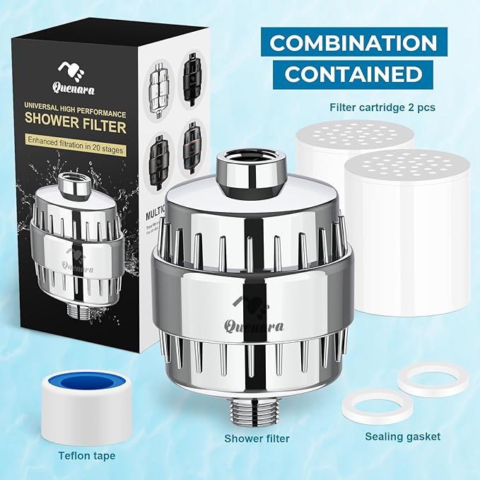 20-Stage Shower Filter, High Output Shower Head Filter for Hard Water with 2 Cartridges, Water Softener Reduces Dry Skin, Dandruff, Eczema and Improves Skin, Hair and Nails, Chrome