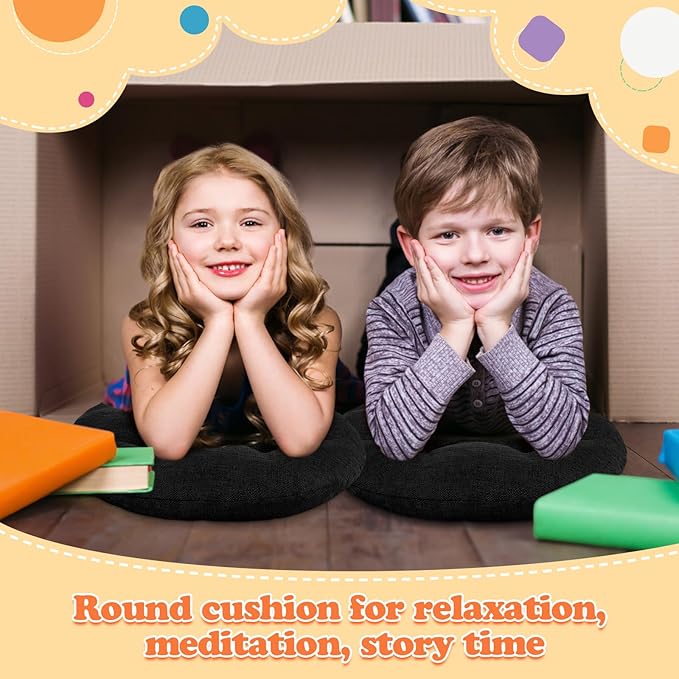 Fumete 8 Pcs 16 Inch Round Floor Cushions for Kids and Toddlers, Flexible Seating Classroom Furniture Floor Pillow for Home, Daycare, Preschool, Yoga and Meditation (Black)