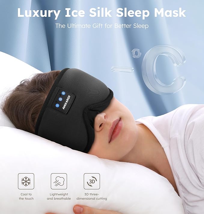 Ice Silk Sleep Mask with Headphones, Sleep Headphones for Side Sleeper with 3D Cups, Bluetooth 5.4 Sleeping Eye Mask, Total Blackout Sleeping Headphones for Women Men(Black)