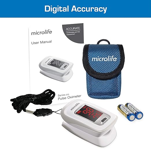Microlife Series 200 Fingertip Pulse Oximeter, Blood Oxygen Saturation (SpO2) and Heart Rate Monitor, Includes Batteries, Lanyard and Case