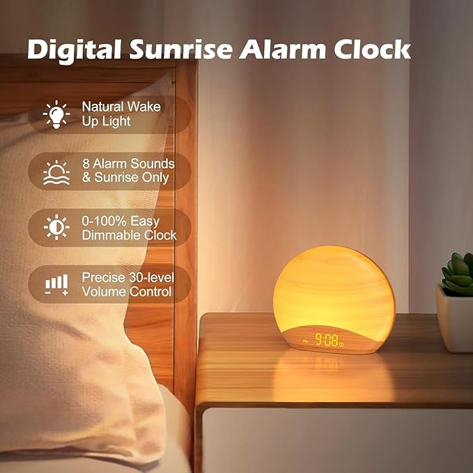 REACHER Natural Wood Grain Sound Machine Sunrise Alarm Clock,26 Nature Inspired Sleeping Sounds, 0-100% Dimmable Clock, Night Light,Brown/Pink/White Noise Sound Machine for Babys, Kids, Adults