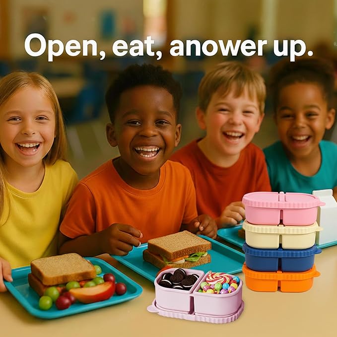 4 Sets Silicone Snack Containers with Lids, Reusable Double Compartment Plastic Container for Sauce Snack,Compact Food Storage for School, Office, Travel,Condiment Container with Lid (4 Colors)