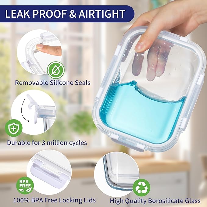 MFY 10-Pack Glass Storage Containers with Lids, Glass Meal Prep Containers Set, Airtight Lunch Containers with Lids, Microwave, Oven, Freezer and Dishwasher Safe, White