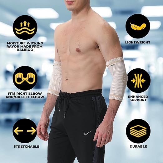 NeoTech Care Elbow Support Brace - Breathable - Men, Women, Right or Left (Beige Color, Size L, 1 Pair)