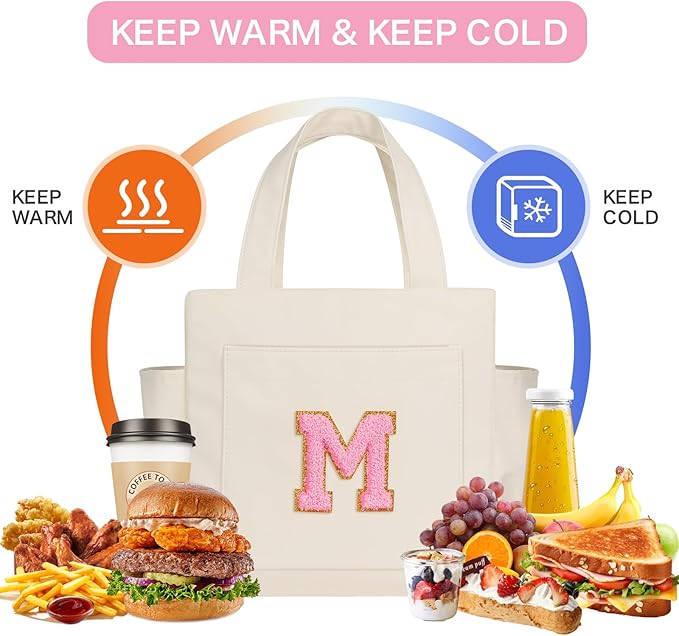 Joymee Leather Lunch Box Lunch Bag for Women Adult Insulated Reusable Leakproof Large Spacious Lunch Cooler Lunch Tote Bag with Bottle Holder and Side Pockets for Work Picnic Beach (Letter M)