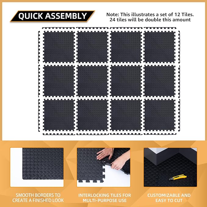12 Pack, 48 SQFT - 24" x 24" - 1/2" Extra Thick Floor Exercise Mat for Home Gym or Floor Padding - High-Density EVA Interlocking Foam Floor Tiles for Gym Equipment, Play Area | Yoga, Cardio, Weights