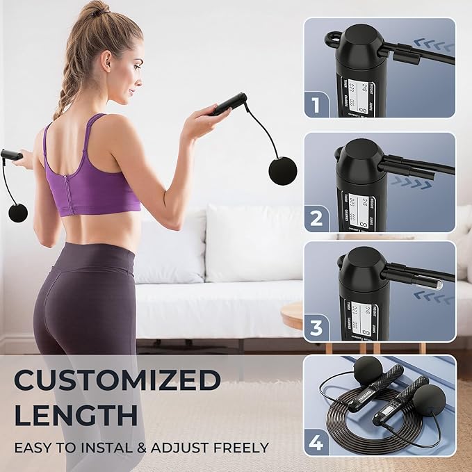 Smart Jump Rope with LED Display and Jump Counter, Weighted Cordless Design for Home Gym & HIIT, Adjustable Steel Wire for Fitness, Tracks Jumps, Calories & Time, for Men, Women & Kids