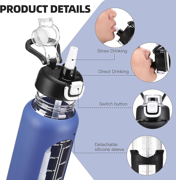 32 oz Glass Water Bolttles with Straw Large Motivational Water Bottle with Time Marker Sports Water Bottles with Silicone Sleeve and Handle Lid Water Jug for Gym Workout