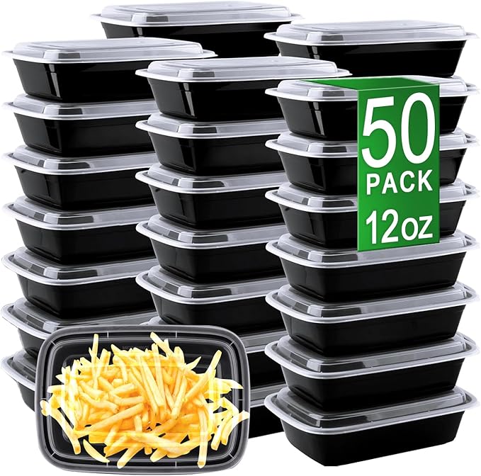 Meal Prep Containers, 50 Pack 12oz (100-Piece) Disposable Take Out Food Storage Containers with Leakproof Lids, Reusable Plastic To Go Lunch Boxes, BPA Free, Microwave/Dishwasher/Freezer Safe