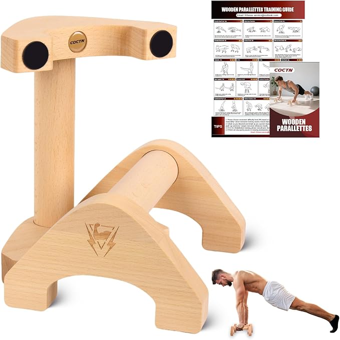 Wooden Push Up Bars, 2 PCS Solid Beech Wooden Parallettes with Embedded Non-slip Feet & Training Poster for Floor, Push Up Stands for Men Strength Training, Planks, Calisthenics & Home Gym Workout